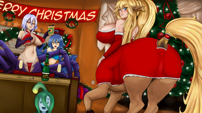 16:9 alcohol arachnid arthropod avian beverage big_breasts bo4a breasts centaur centorea_shianus_(monster_musume) christmas christmas_clothing christmas_tree clothing coffee detailed_background equid equid_taur european_mythology female gift goo_creature greek_mythology group harpy hi_res holidays huge_breasts human_torso humanoid humanoid_taur mammal mammal_taur monster_girl_(genre) monster_musume mythological_avian mythological_creature mythology new_year_2024 papi_(monster_musume) plant rachnera_arachnera_(monster_musume) slime smug_face spider suu_(monster_musume) taur tree widescreen