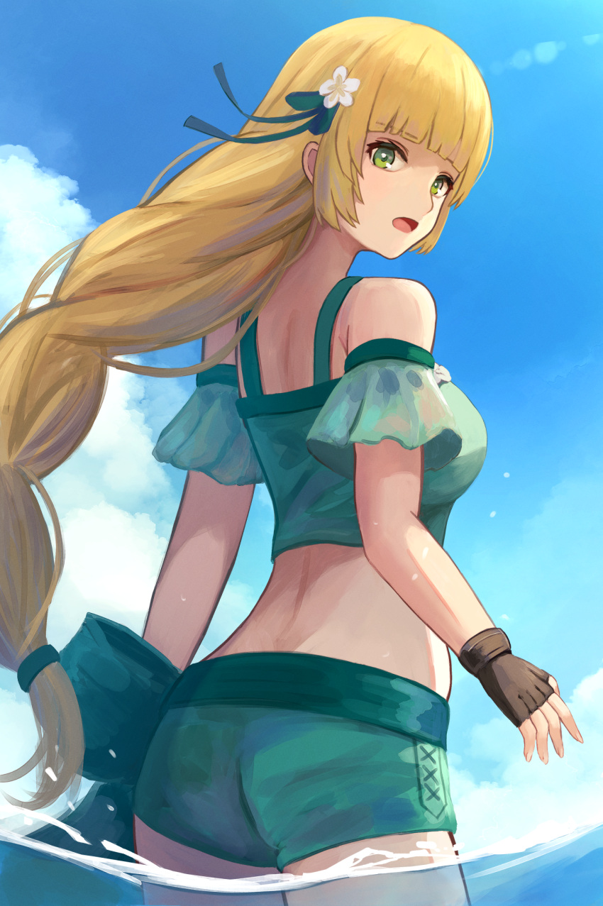 ass bare_shoulders bikini bikini_shorts blonde_hair blue_sky blunt_bangs braid braided_ponytail breasts brown_gloves cloud commentary detached_sleeves female fingerless_gloves fire_emblem fire_emblem:_three_houses fire_emblem_heroes flower gloves green_bikini green_eyes green_sleeves hair_flower hair_ornament highres ingrid_brandl_galatea ingrid_brandl_galatea_(summer) labebebe_lee long_hair looking_at_viewer looking_back medium_breasts ocean off-shoulder_bikini off_shoulder official_alternate_costume open_mouth outdoors shorts sky solo swimsuit wading