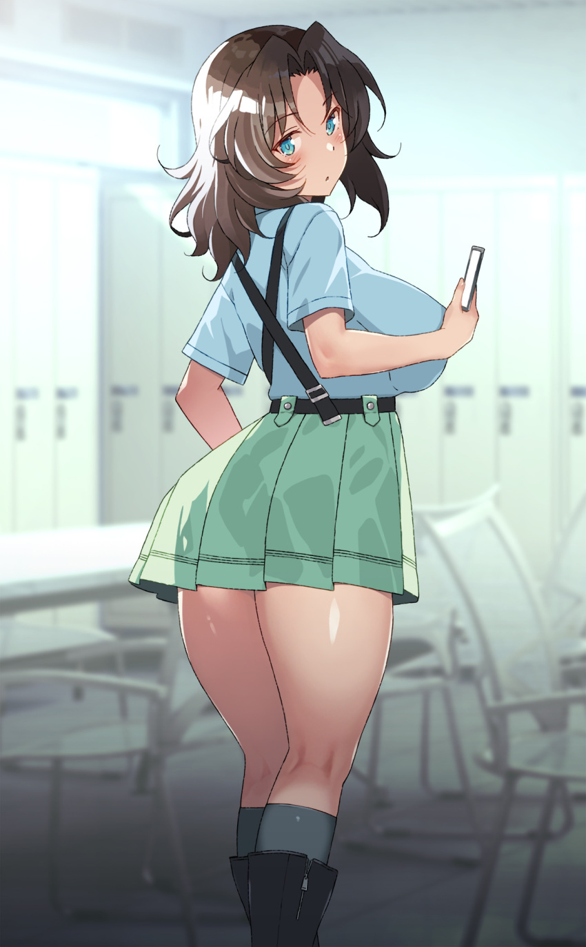 :o aoshidan_school_uniform aqua_eyes ass black_footwear black_socks blue_shirt blush boots breasts brown_hair cellphone chair commentary_request el_(girls_und_panzer) female girls_und_panzer green_skirt highres holding holding_phone indoors large_breasts locker locker_room looking_at_viewer looking_back medium_hair nakamura_yukitoshi parted_lips phone school_uniform shirt short_sleeves skirt smartphone socks solo standing suspender_skirt suspenders table window