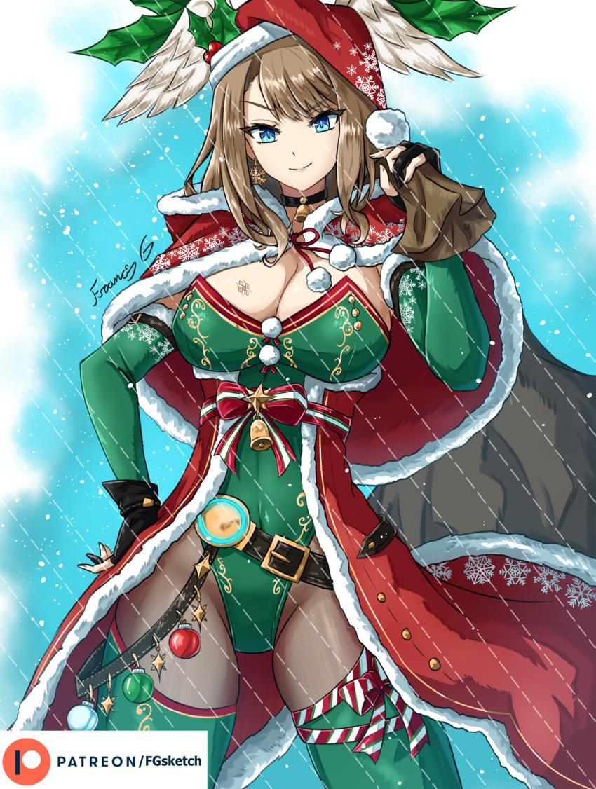 alternate_costume asymmetrical_bangs bell belt black_belt black_choker black_gloves blue_eyes blue_pupils breast_tattoo breasts brown_hair capelet choker christmas cleavage coat commentary earrings elbow_gloves english_commentary eunie_(xenoblade) female fgsketch fingerless_gloves fur-trimmed_coat fur_trim gloves green_gloves green_leotard green_thighhighs hand_on_own_hip hat head_wings highres jewelry large_breasts leotard neck_bell paid_reward_available pantyhose red_capelet red_coat santa_costume santa_hat snowflake_earrings solo tattoo thighhighs thighhighs_over_pantyhose v-shaped_eyebrows white_wings wings xenoblade_chronicles_(series) xenoblade_chronicles_3