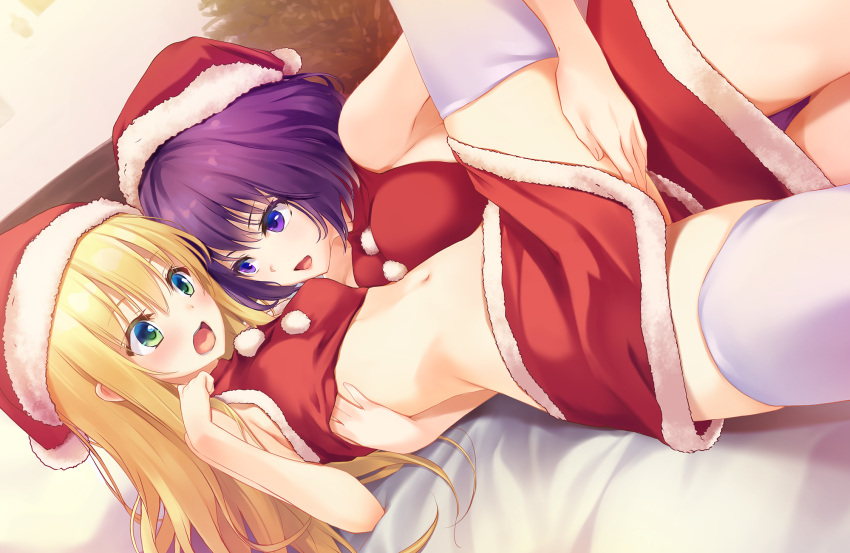 2girls bare_shoulders blonde_hair breasts christmas commentary crop_top dress fur-trimmed_dress fur-trimmed_headwear fur-trimmed_skirt fur_trim green_eyes hand_on_another's_leg hat highres ichikawa_noa indoors large_breasts long_hair looking_at_another medium_breasts multiple_girls navel on_bed original purple_eyes purple_hair red_headwear santa_costume santa_dress santa_hat short_hair skirt sleeveless smile spread_legs stomach thighhighs white_thighhighs yuri zettai_ryouiki