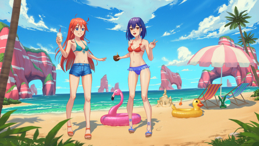 2girls ball beach beachball blue_eyes blue_hair blue_shorts breasts brown_eyes chair cloud coconut commission commissioner_upload drink flip_flappers hair_ornament hairclip highres inflatable_toy kokomine_cocona long_hair multiple_girls nail_polish navel non-web_source ocean open_mouth orange_hair outdoors palm_tree papika_(flip_flappers) razv.art sand_castle sand_sculpture sandals shadow short_hair shorts shovel smile swimsuit toes tree uexkull umbrella v