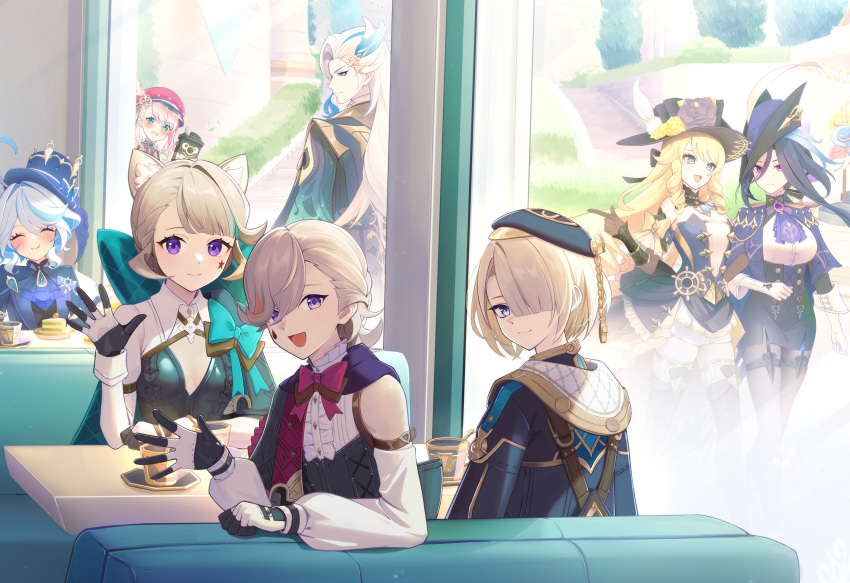 3boys 5girls ahoge animal_ear_fluff animal_ears beret black_gloves black_headwear blonde_hair blue_eyes blue_hair blue_headwear blush bow breasts cake camera cat_ears cat_girl charlotte_(genshin_impact) clorinde_(genshin_impact) closed_mouth coat detached_sleeves epaulettes everyone facial_mark flower food freminet_(genshin_impact) furina_(genshin_impact) genshin_impact gloves hair_between_eyes hair_over_one_eye hat hat_feather hat_flower highres long_hair looking_at_viewer lynette_(genshin_impact) lyney_(genshin_impact) monocle multicolored_hair multiple_boys multiple_girls navia_(genshin_impact) neuvillette_(genshin_impact) pink_hair purple_eyes red_headwear short_hair siblings smile star_(symbol) streaked_hair teardrop_facial_mark top_hat tricorne tyenka7728 white_gloves white_hair