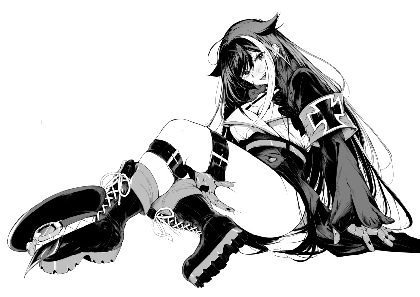 absurdres azur_lane black_hair boots cross cross-laced_footwear deutschland_(azur_lane) duplicate eyewear_on_headwear female goggles greyscale hat highres iron_cross leg_belt long_hair md5_mismatch mechanical_hands monochrome multicolored_hair peaked_cap pixel-perfect_duplicate platform_boots platform_footwear skindentation solo streaked_hair takeakigaku thick_thighs thighs unworn_hat unworn_headwear white_hair