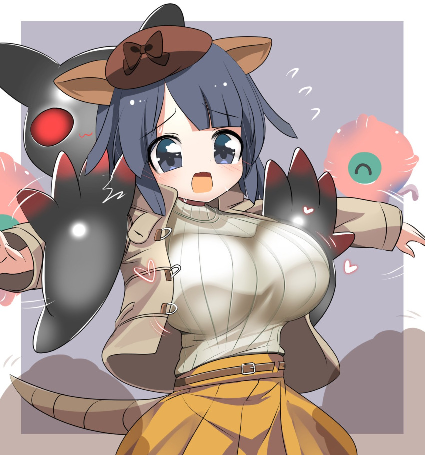 animal_ears armadillo_ears armadillo_tail belt black_eyes black_hair breasts cellien_(kemono_friends) extra_ears female giant_armadillo_(kemono_friends) grey_background hat highres jacket kemono_friends large_breasts lets0020 ribbon short_hair simple_background skirt sweat sweater tail