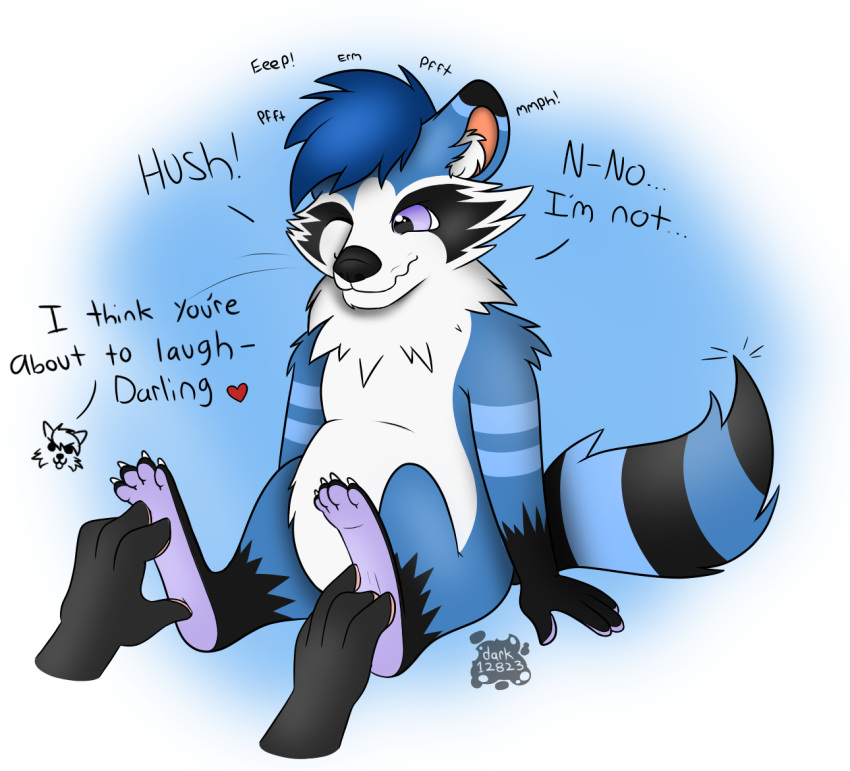 anthro blue_body blue_fur english_text feet fur fuzzy male mammal procyonid purple_eyes raccoon resisting slightly_chubby solo text tickle_fetish tickling tickling_feet ticklywolfie