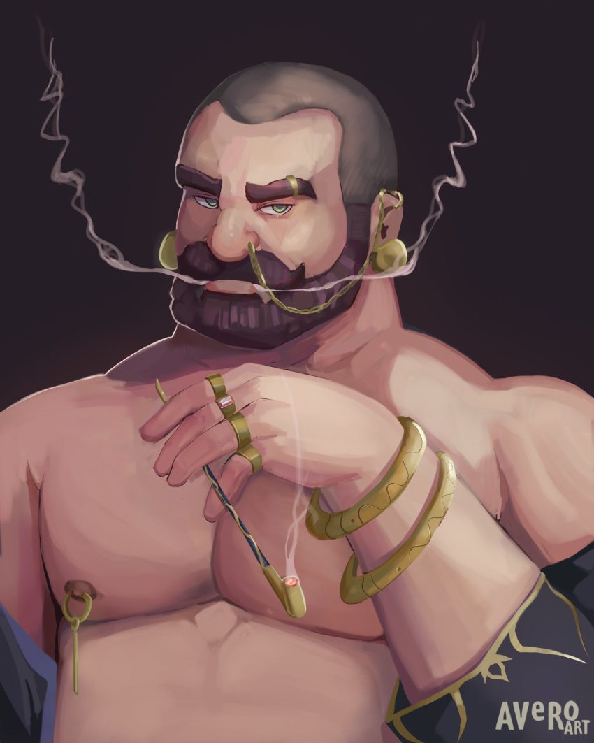 1boy avero_art bara bare_pectorals bare_shoulders beard bracelet brown_hair buzz_cut fabulous facial_hair full_beard highres holding holding_smoking_pipe huge_eyebrows jewelry large_pectorals limp_wrist linked_piercing looking_at_viewer male_focus mature_male moustache mouth_trail muscular muscular_male nipple_piercing nipple_rings nipples nose_piercing off_shoulder original pectorals piercing receding_hairline short_hair smoking smoking_pipe solo thick_beard thick_mustache upper_body very_short_hair