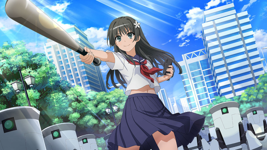 artist_request baseball_bat black_hair blue_eyes blue_sailor_collar blue_skirt cellphone city dutch_angle female flower game_cg hair_flower hair_ornament holding holding_baseball_bat holding_phone long_hair metal_baseball_bat midriff_peek navel neckerchief non-humanoid_robot official_art phone pleated_skirt red_neckerchief robot sailor_collar sakugawa_school_uniform saten_ruiko school_uniform science_fiction security_robot_(toaru_majutsu_no_index) serafuku shirt skirt smartphone solo summer_uniform toaru_kagaku_no_railgun toaru_majutsu_no_index toaru_majutsu_no_index:_imaginary_fest white_shirt