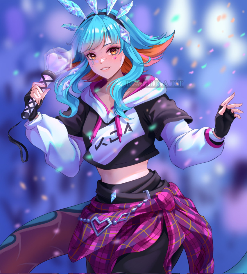 artist_name black_gloves black_hairband black_hoodie blue_hair blurry blurry_background corrupted_twitter_file cowboy_shot crop_top dagikatt female fingerless_gloves freckles gloves hairband heart highres holding holding_microphone hood hood_down hoodie k/da_neeko league_of_legends lizard_tail long_hair looking_at_viewer microphone midriff multicolored_background multicolored_hair neeko_(league_of_legends) orange_eyes orange_hair petals plaid plaid_sweater sidelocks smile solo sweater tail teeth watermark white_hoodie