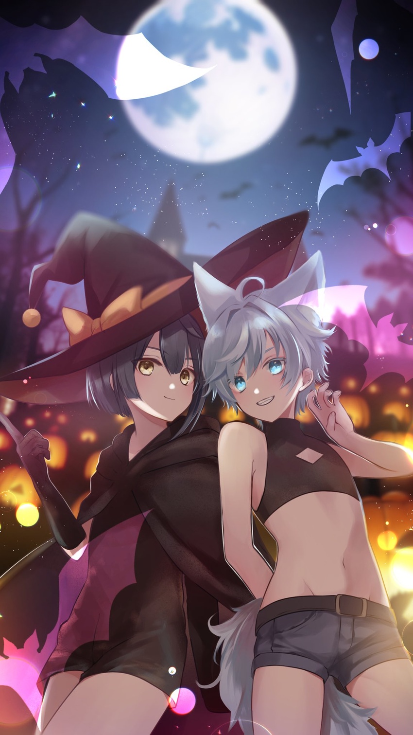 2boys animal_ears bare_legs black_cape black_gloves black_hood black_shirt black_shorts black_sleeves blue_eyes blue_hair cape chongyun_(genshin_impact) closed_mouth crop_top diamond_cutout fox_boy fox_ears fox_tail genshin_impact gloves halloween hat highres long_sleeves male_focus midriff multiple_boys navel rrr_gns_(riuriu_1212) shirt short_hair shorts smile stomach tail teeth witch_hat xingqiu_(genshin_impact) yellow_eyes