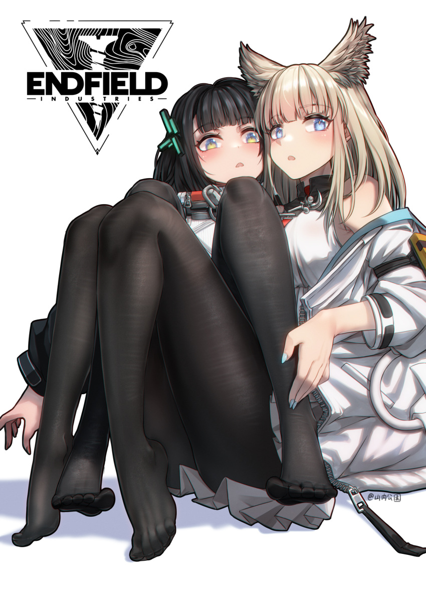 2girls :o animal_ear_fluff animal_ears arknights arknights:_endfield arm_strap armpit_crease artist_name bare_shoulders black_hair black_pantyhose blonde_hair blue_eyes blue_nails blunt_bangs blush breasts commentary_request copyright_name covered_nipples dress endministrator_(arknights) extra_ears eyelashes feet feet_up female_endministrator_(arknights) fingernails flustered foot_focus from_side full-length_zipper full_body hair_flowing_over hair_ornament hairclip hand_on_another's_leg high_collar highres invisible_floor jacket knees knees_together_feet_apart knees_up legs logo long_hair long_sleeves looking_at_viewer looking_to_the_side medium_breasts multicolored_eyes multiple_girls nail_polish no_shoes off_shoulder open_clothes open_jacket open_mouth orange_nails orange_pupils pantyhose perlica_(arknights) pixiv_username pleated_dress pocket puffy_long_sleeves puffy_sleeves ribbed_sweater see-through see-through_legwear shadow shiny_skin short_dress short_hair sidelocks simple_background sitting sleeveless sleeveless_dress soles straight_hair sweater thighs toenails toes toes_up twitter_username two-tone_eyes variant_set white_background white_dress white_jacket white_sweater yamauchi_(conan-comy) yellow_eyes yuri zipper zipper_pull_tab