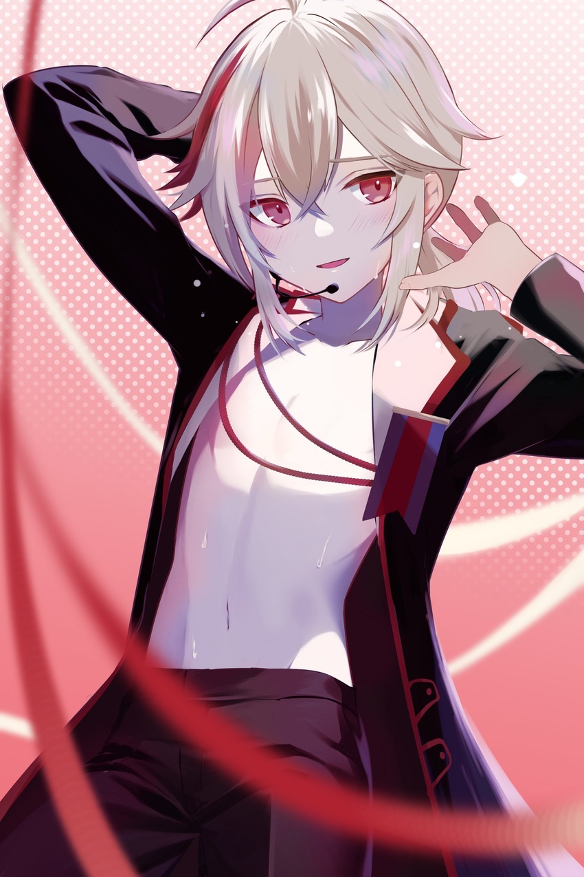 1boy alternate_costume black_jacket black_pants genshin_impact hair_between_eyes highres jacket kaedehara_kazuha long_sleeves male_focus microphone midriff multicolored_hair navel open_clothes open_mouth open_shirt pants ponytail red_eyes red_hair rrr_gns_(riuriu_1212) smile solo stomach streaked_hair wet white_hair