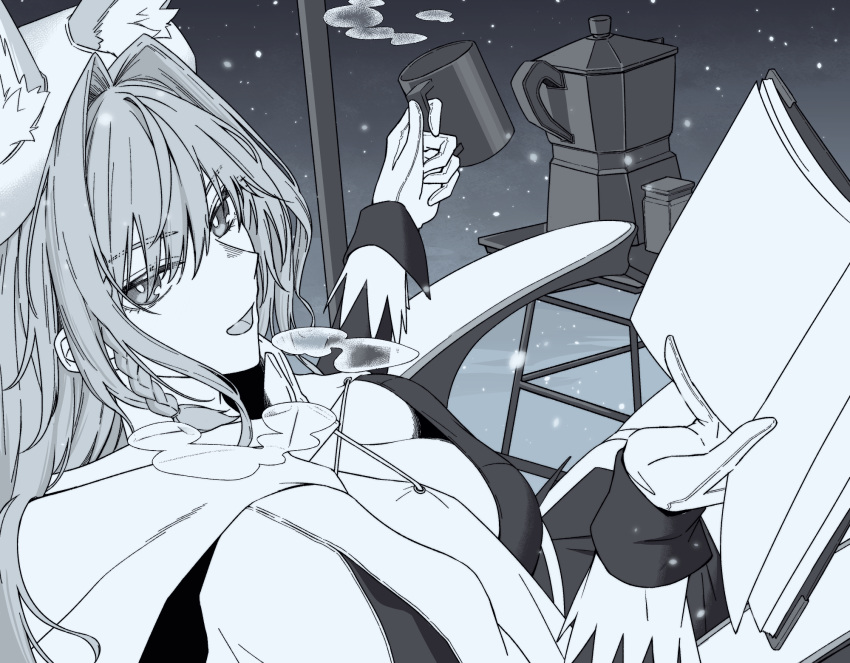 animal_ears arknights book braid breasts chair cleavage cup dress extra_ears female gloves greyscale hair_between_eyes highres holding holding_cup kettle kyoro_(kyoroillust) large_breasts looking_at_viewer looking_back monochrome mug official_alternate_costume open_book outdoors pozyomka_(arknights) pozyomka_(snowy_plains_in_words)_(arknights) sitting snow solo steam wolf_ears wolf_girl