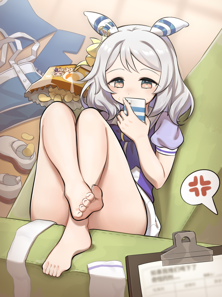 absurdres amite-faust anger_vein animal_ears bag bare_legs barefoot blurry blurry_background blush brown_eyes chips_(food) commentary_request couch dorsiflexion feet female food foot_focus grey_hair hair_between_eyes hair_ornament highres hishi_miracle_(umamusume) holding holding_phone horse_ears horse_girl horse_tail lazy legs looking_at_viewer medium_hair phone pov presenting_foot shoes solo_focus swimsuit tail thighs toenails toes umamusume unworn_shoes