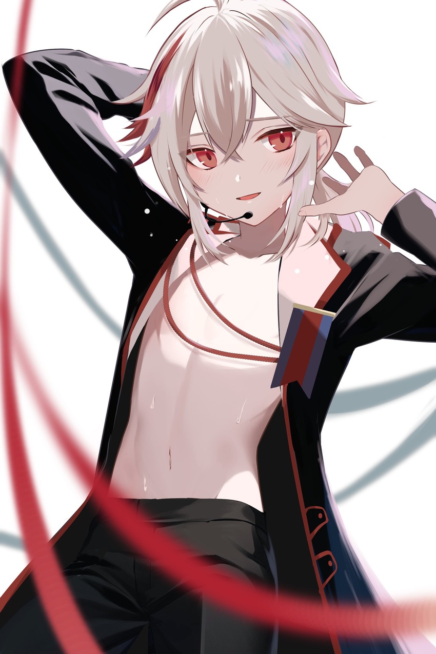 1boy alternate_costume black_jacket black_pants genshin_impact hair_between_eyes highres jacket kaedehara_kazuha long_sleeves male_focus microphone midriff multicolored_hair navel open_clothes open_mouth open_shirt pants ponytail red_eyes red_hair rrr_gns_(riuriu_1212) smile solo stomach streaked_hair wet white_hair