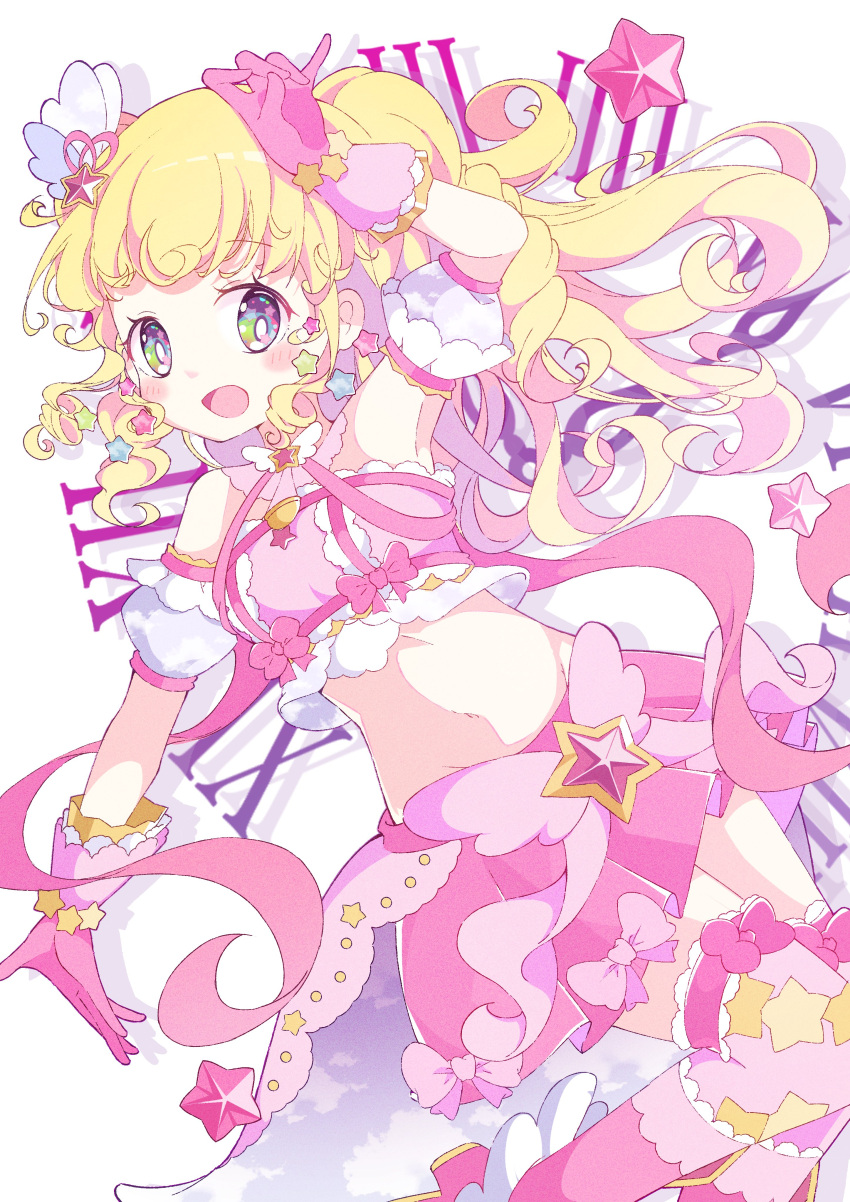 :d absurdres arm_up blonde_hair boots bow clock cloud_print commentary_request crop_top curly_hair detached_sleeves female gloves hair_ornament highres idol_clothes idol_time_pripara long_hair looking_at_viewer multicolored_eyes navel open_mouth pink_bow pink_footwear pink_gloves pink_skirt pink_thighhighs pleated_skirt pretty_series pripara puffy_detached_sleeves puffy_sleeves ranirani_(syohousen8) sidelocks skirt smile solo star_(symbol) star_hair_ornament thighhighs two_side_up yumekawa_yui