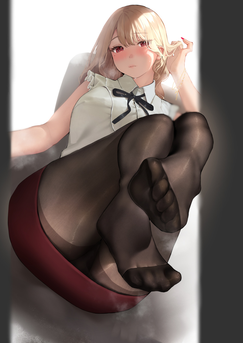 absurdres black_pantyhose blonde_hair blush bracelet breasts eyelashes feet female fine_fabric_emphasis foot_focus heart heart-shaped_pupils highres inushima jewelry lace_trim legs long_hair looking_at_viewer miniskirt nail_polish neck_ribbon no_shoes original panties pantyhose pencil_skirt red_eyes red_nails red_skirt ribbon school_uniform shirt sitting skirt sleeveless sleeveless_shirt smell soles solo steaming_body sweat symbol-shaped_pupils thighband_pantyhose toenail_polish toenails toes underwear uniform white_shirt