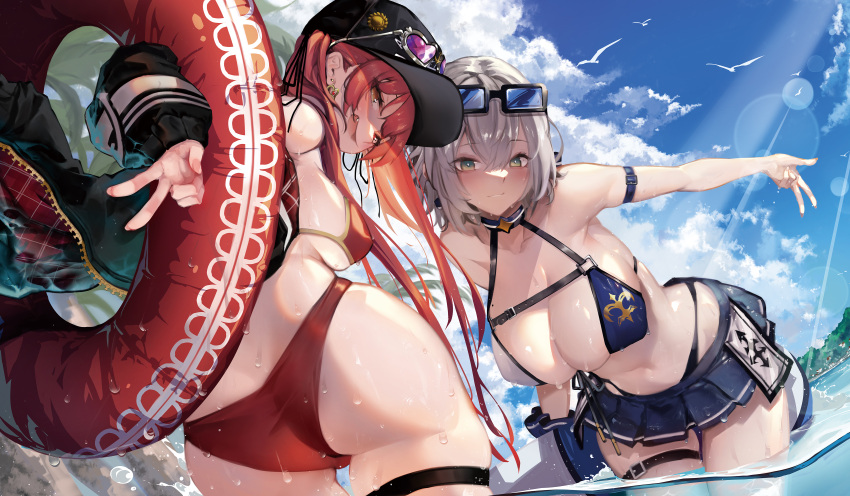 2girls absurdres arm_strap babyg_wong baseball_cap bikini bikini_skirt black_bikini_bottom black_headwear blue-tinted_eyewear blue_skirt blue_sky blush breasts cleavage cloud cloudy_sky collarbone day earrings eyewear_on_head eyewear_on_headwear grey_hair halterneck hat heart heart-shaped_eyewear heterochromia highleg highleg_bikini highres holding holding_swim_ring hololive houshou_marine houshou_marine_(summer) innertube jacket jewelry large_breasts lens_flare long_hair looking_at_viewer medium_breasts multiple_girls oerba_yun_fang off_shoulder official_alternate_costume open_mouth outdoors parted_lips pleated_skirt purple-tinted_eyewear red_bikini red_eyes red_hair red_innertube shirogane_noel shirogane_noel_(summer_2020) short_hair sideboob skirt sky sunglasses sunlight swim_ring swimsuit thigh_strap tinted_eyewear v virtual_youtuber w wading water water_drop yellow_eyes