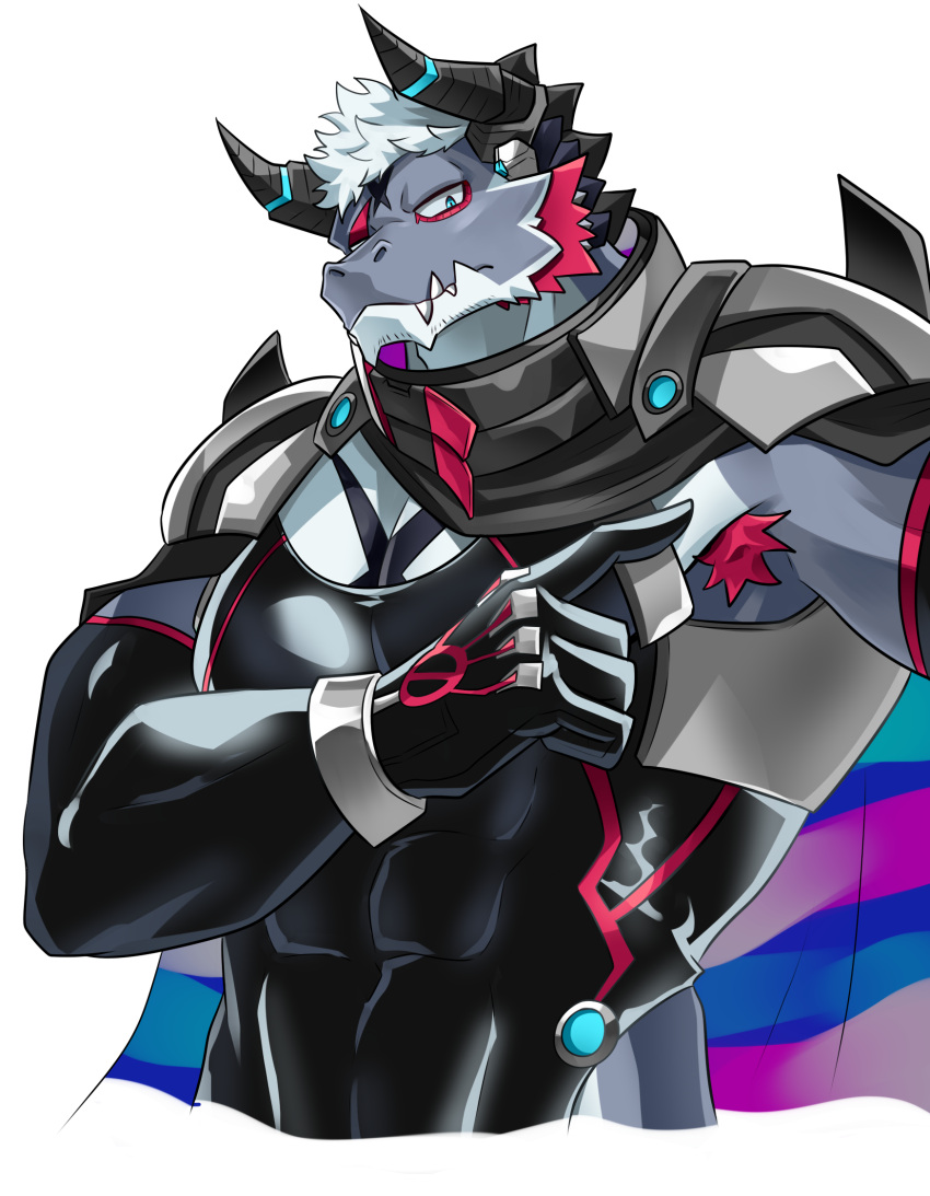 1boy armor armpit_hair armpits bara cropped_torso dragon_boy dragon_ears dragon_horns excessive_armpit_hair expressionless eyeliner facial_hair fangs furry furry_male giansar_(live_a_hero) highres horns ipyeonham large_pectorals live_a_hero looking_at_viewer makeup male_focus mature_male muscular muscular_male pauldrons pectorals presenting_armpit red_eyeliner sanpaku short_hair shoulder_armor sidepec solo stubble tsurime