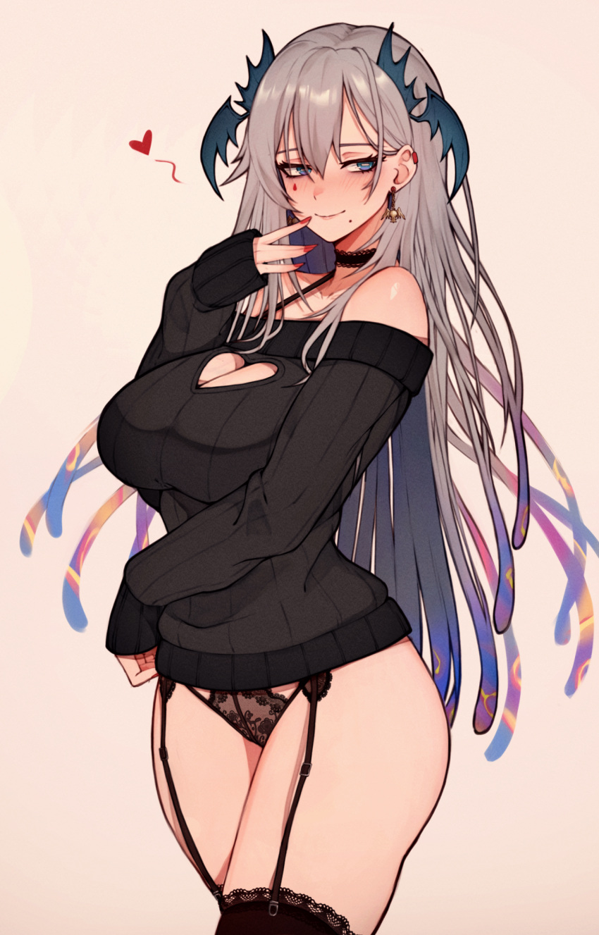 bare_shoulders black_choker blue_eyes blush breasts choker cleavage collarbone female garter_belt grey_hair hair_between_eyes head_wings highres indie_virtual_youtuber lace lace_choker large_breasts long_hair long_sleeves mole mole_under_mouth off-shoulder_sweater off_shoulder pochimaru_(vtuber) red_nails simple_background smile solo sweater thighhighs variant_set varniskarnis virtual_youtuber wings