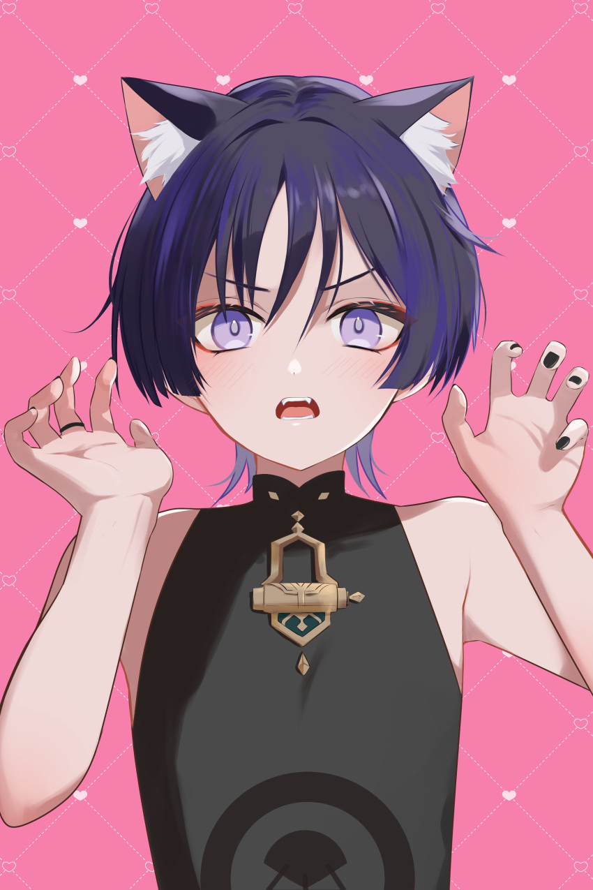 1boy absurdres black_hair black_shirt fangs genshin_impact hair_between_eyes highres male_focus multicolored_hair nyan open_mouth pink_background purple_eyes purple_hair rrr_gns_(riuriu_1212) scaramouche_(genshin_impact) shirt solo teeth wanderer_(genshin_impact)