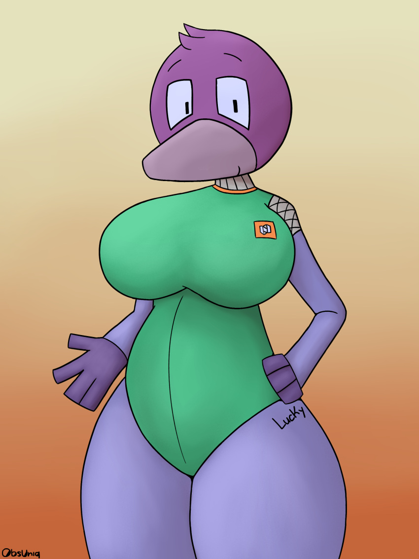 3:4 absurd_res anatid anseriform anthro avian big_breasts bird breasts clothing digital_media_(artwork) duck female gradient_background green_clothing hi_res humanoid looking_at_viewer lucky_(obsuniq) machine obsuniq purple_body robot robot_humanoid simple_background smile smirk solo standing