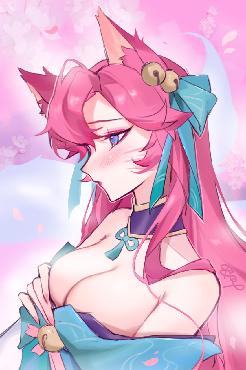 absurdres ahri_(league_of_legends) animal_ears bare_shoulders bell blush bow breasts cleavage closed_mouth female fox_ears fox_girl from_side green_bow green_ribbons hair_bell hair_between_eyes hair_ornament hairbow hand_up highres large_breasts league_of_legends long_hair neck_ribbon petals pink_background pink_hair ribbon solo spirit_blossom_ahri xi_ye_(xiyexiexie)