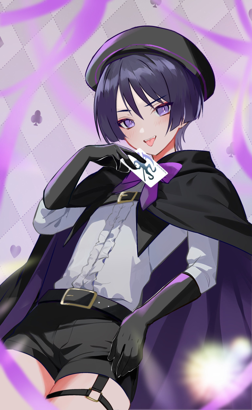 1boy absurdres alternate_costume belt beret black_cape black_gloves black_hat black_shorts black_sleeves cape card genshin_impact gloves hair_between_eyes hat highres holding holding_card male_focus purple_eyes purple_hair rrr_gns_(riuriu_1212) scaramouche_(genshin_impact) shirt short_hair shorts simple_background smile solo tongue tongue_out white_shirt