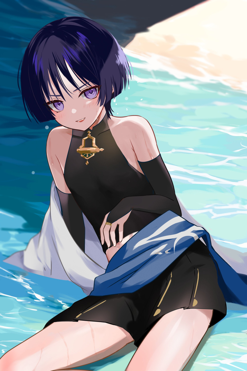 1boy absurdres bare_shoulders black_shirt black_shorts genshin_impact hair_between_eyes highres japanese_clothes male_focus mandarin_collar midriff open_mouth purple_eyes purple_hair rrr_gns_(riuriu_1212) scaramouche_(genshin_impact) shirt short_hair shorts solo wanderer_(genshin_impact) water