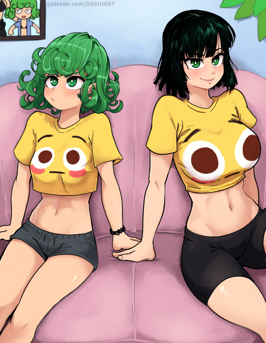 2girls absurdres alternate_costume bike_shorts black_hair black_shorts bracelet breasts bright_pupils closed_mouth commentary couch crop_top cropped_shirt curly_hair dashi_(dashiart) flushed_face_emoji flushed_face_emoji_shirt_(meme) fubuki_(one-punch_man) green_eyes green_hair highres indoors jewelry large_breasts looking_to_the_side looking_up medium_hair meme midriff multiple_girls navel on_couch one-punch_man patreon_username photo_(object) print_shirt shirt short_shorts short_sleeves shorts siblings sisters sitting small_breasts stomach symbol-only_commentary tatsumaki thighs web_address white_pupils yellow_shirt