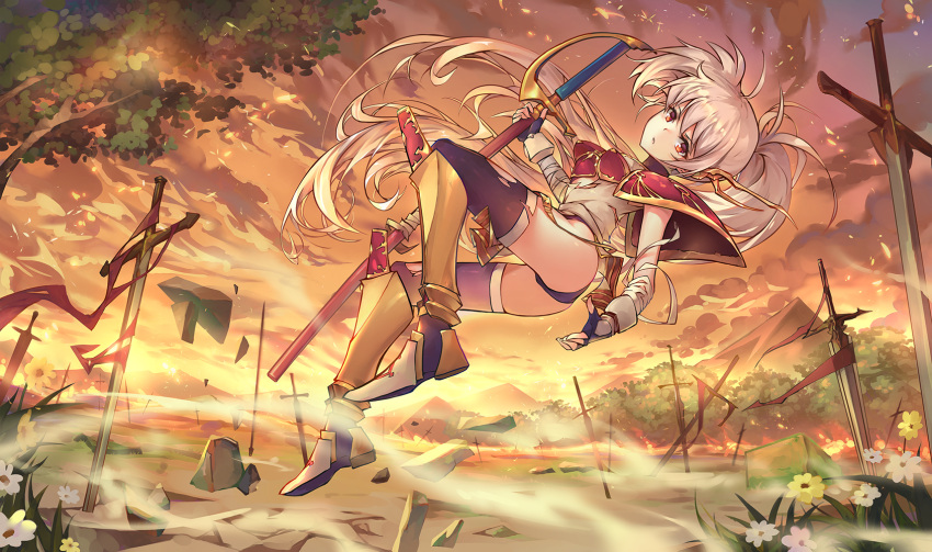 armored_boots ass bandages boots chaun cloud female fingerless_gloves gloves grey_hair highres holding holding_sword holding_weapon langrisser langrisser_iii langrisser_mobile leotard long_hair looking_at_viewer looking_back luna_(langrisser) outdoors planted planted_sword purple_thighhighs red_eyes solo sword thighhighs torn_clothes torn_thighhighs tree twilight very_long_hair weapon