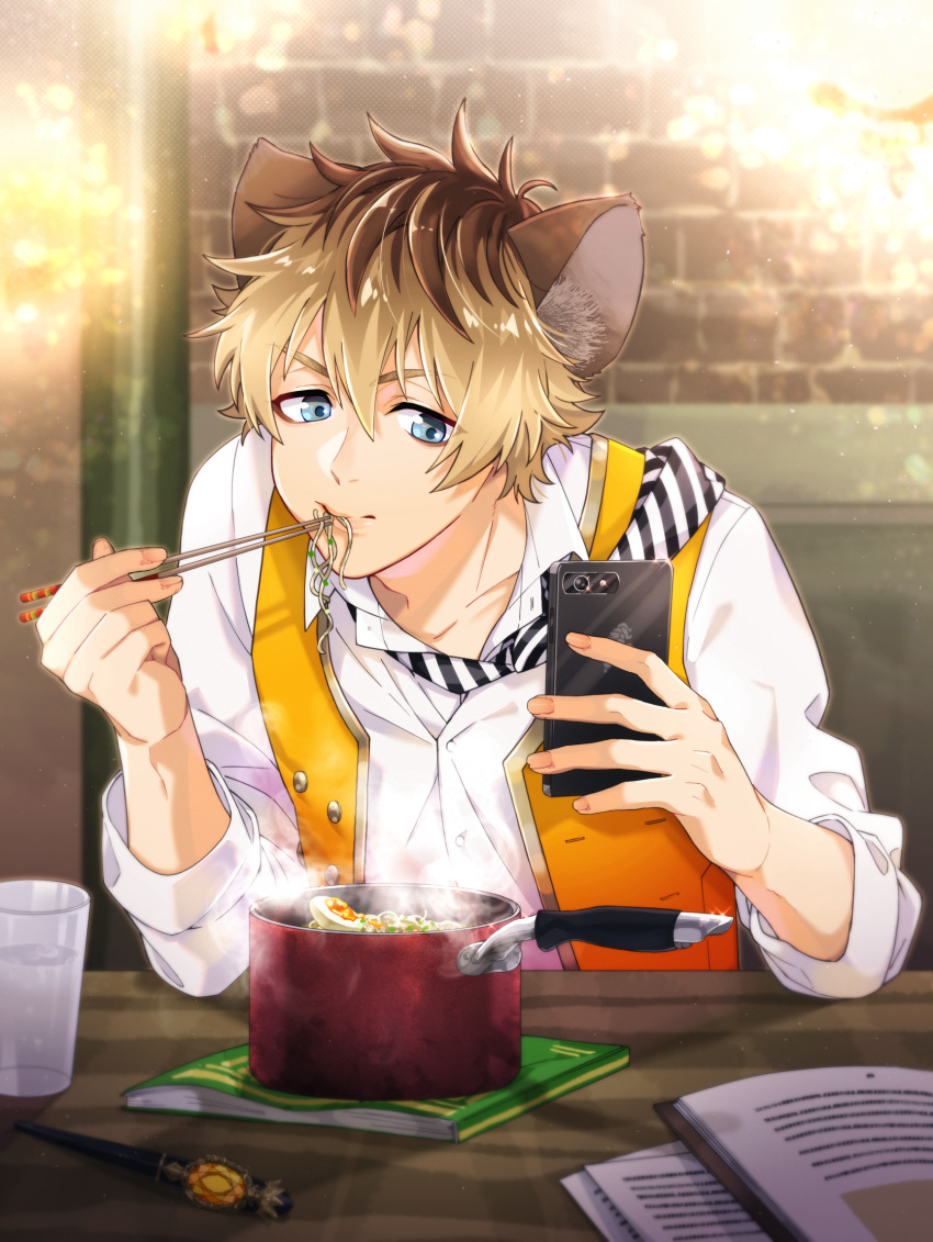 1boy animal_ears blonde_hair blue_eyes book brown_hair cellphone con_potata desk eating food glass grey_eyes highres holding holding_phone hyena_ears hyena_tail instant_ramen male_focus necktie night_raven_college_uniform noodles phone ramen ruggie_bucchi school_uniform shirt smartphone solo spiked_hair striped_necktie twisted_wonderland vest white_shirt yellow_vest