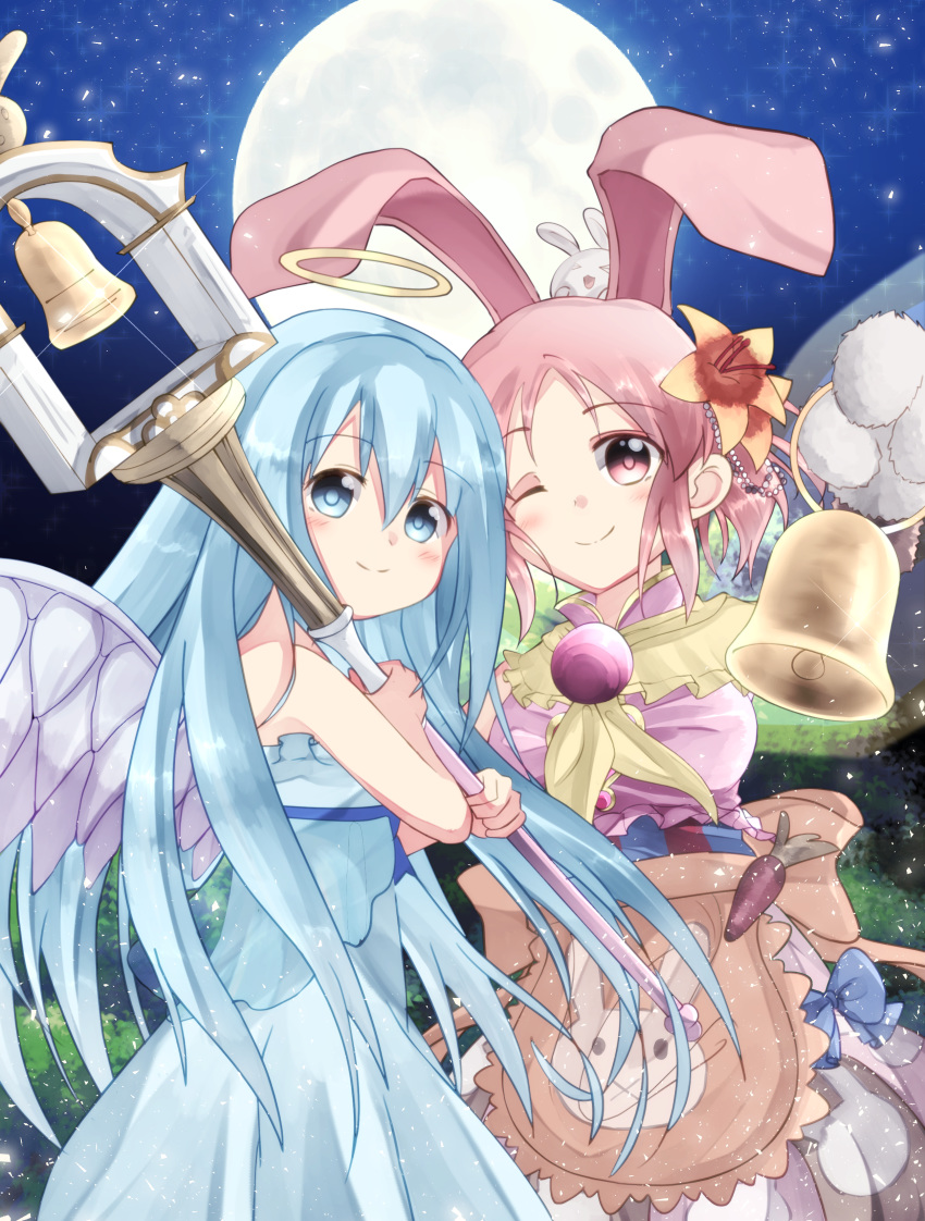 2girls ;) abe_nana absurdres angel angel_wings animal_ears apron bell bellringer_angel blue_bow blue_dress blue_eyes blue_hair bow carrot dress dress_bow feathered_wings flower full_moon hair_flower hair_ornament halo highres holding holding_staff idolmaster idolmaster_cinderella_girls inashiso_(nonsugar) long_hair moon multiple_girls night one_eye_closed outdoors pink_hair rabbit shadowverse smile staff standing wings