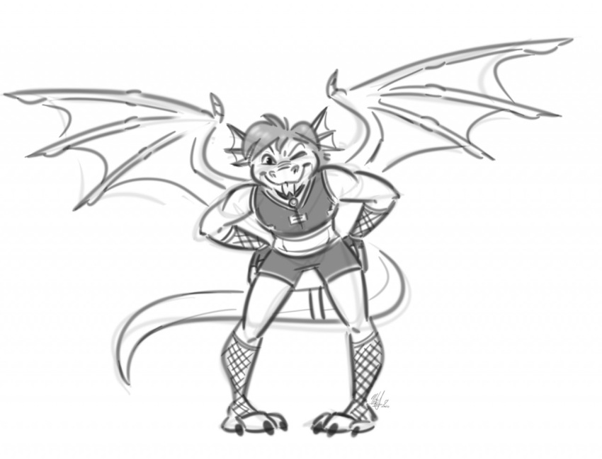 anthro caltsar claws clothed clothing collar digital_media_(artwork) dragon feet looking_at_viewer male membrane_(anatomy) membranous_wings monochrome mythological_creature mythological_scalie mythology nicnak044 pose scalie smile solo tail wings