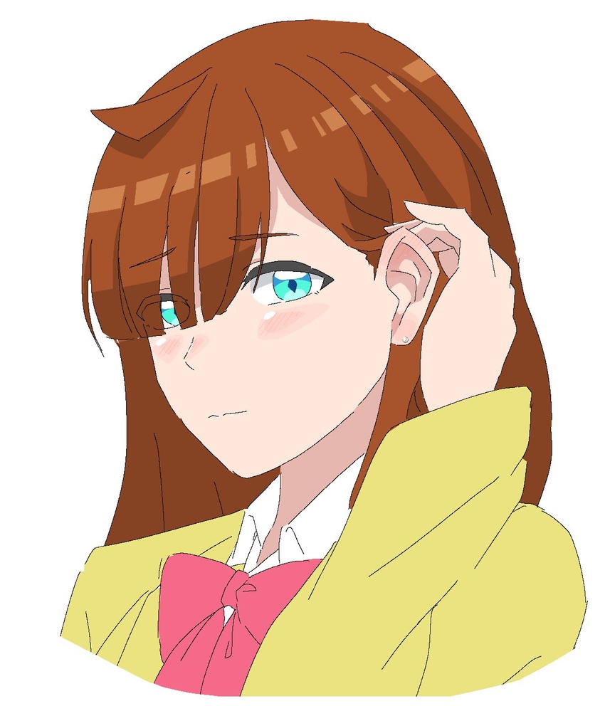 adjusting_hair ahoge aqua_eyes blunt_bangs blush bow bowtie brown_hair collared_shirt cropped_torso diamond-shaped_pupils diamond_(shape) ear_blush earrings eyes_visible_through_hair female hair_over_one_eye half-closed_eyes highres jacket jewelry kirarigaoka_middle_school_uniform kiratto_pri_chan long_bangs long_hair looking_at_viewer nijinosaki_dia oekaki pearl_earrings pink_bow pink_bowtie portrait pretty_series school_uniform shirt simple_background solo symbol-shaped_pupils tsumetai_breath white_background white_shirt yellow_jacket