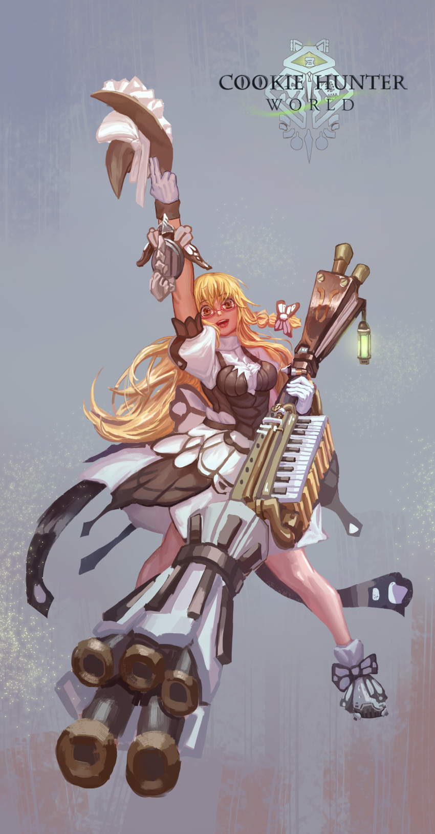 absurdres arm_mounted_weapon armor armored_dress arrow_(projectile) back_bow bellows black_bow black_dress blonde_hair bnahabra_(armor) bow braid breasts cookie_(touhou) copyright_name crossbow d_tomoki dress english_commentary female footwear_bow glass gloves hair_between_eyes hairbow hat highres holding holding_clothes holding_hat holding_weapon hunting_horn instrument kirisame_marisa lantern layered_dress long_hair looking_at_viewer medium_breasts monster_hunter:_world monster_hunter_(series) piano pointing pointing_up puffy_short_sleeves puffy_sleeves shoes short_sleeves slinger_(monster_hunter) socks solo touhou unworn_headwear uzuki_(cookie) weapon white_bow white_dress white_gloves white_socks witch_hat