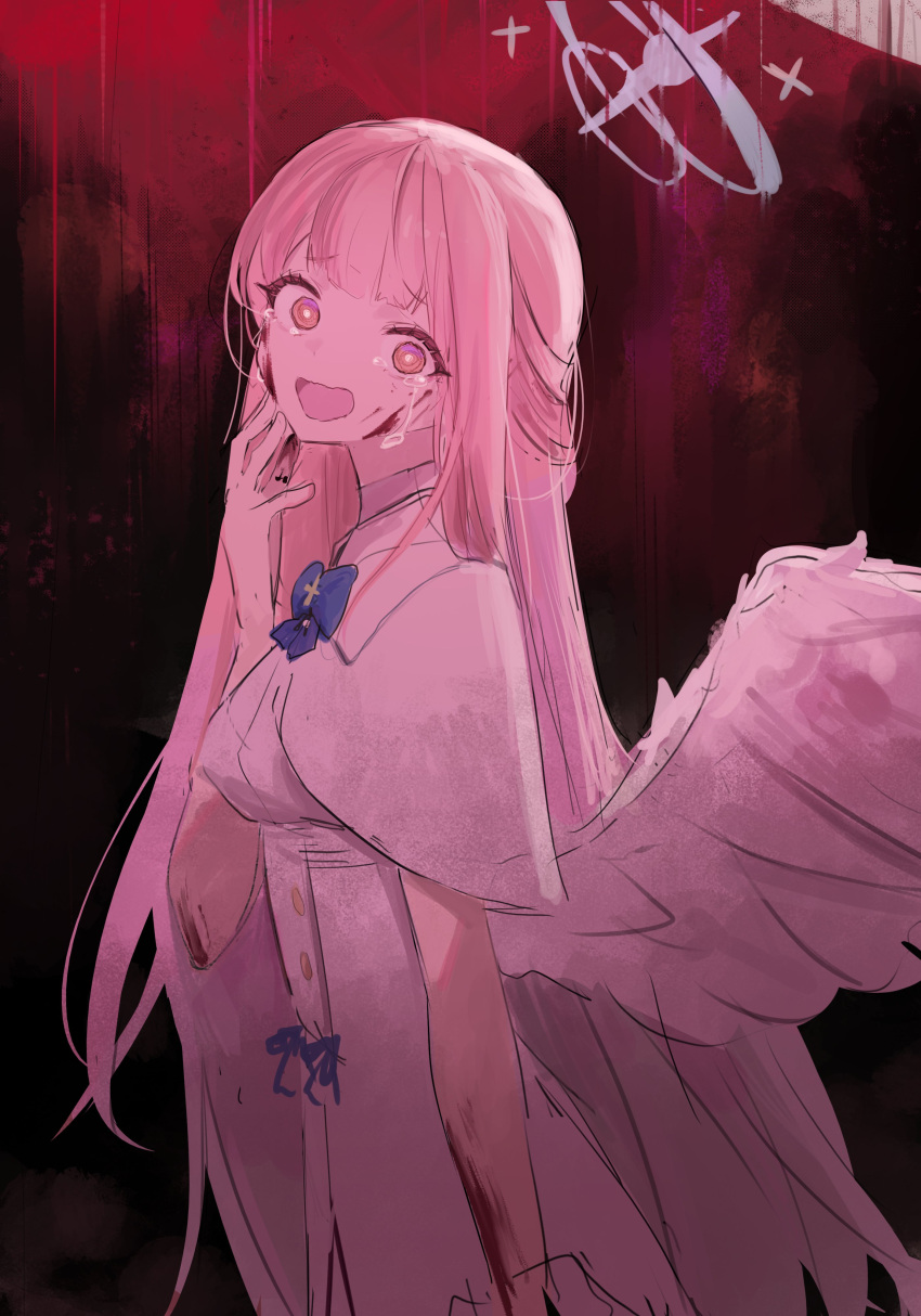 absurdres angel_wings blood blood_on_arm blood_on_face blue_archive blue_bow blue_bowtie bow bowtie capelet crazy_eyes crying crying_with_eyes_open dress female halo hand_on_own_face highres long_hair low_wings mika_(blue_archive) nonoa pink_hair pink_halo solo tears white_capelet white_dress white_wings wings yellow_eyes