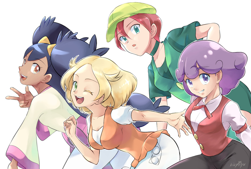 4girls :d bianca_(pokemon) blonde_hair burgundy_(pokemon) commentary_request dress eyelashes georgia_(pokemon) green_eyes hand_up hat highres iris_(pokemon) kijouyu long_sleeves multiple_girls neck_ribbon open_mouth orange_vest pokemon pokemon_(anime) pokemon_bw_(anime) purple_eyes purple_hair ribbon shirt short_hair short_sleeves smile teeth tied_hair tongue two_side_up vest w white_dress