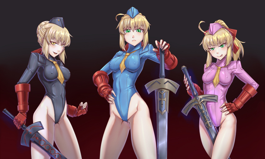 ahoge artoria_pendragon_(fate) blonde_hair breasts caliburn_(fate) cammy_white cammy_white_(cosplay) corruption cosplay dark_persona excalibur_(fate/stay_night) excalibur_morgan_(fate) fate/grand_order fate/stay_night fate/unlimited_codes fate_(series) fingerless_gloves garrison_cap gloves green_eyes hat highleg highleg_leotard highres holding holding_sword holding_weapon leebigtree leotard long_hair looking_at_viewer necktie no_legwear ponytail red_gloves redrawn revision ribbed_leotard saber_(fate) saber_alter saber_lily shadaloo_dolls street_fighter street_fighter_zero_(series) sword weapon