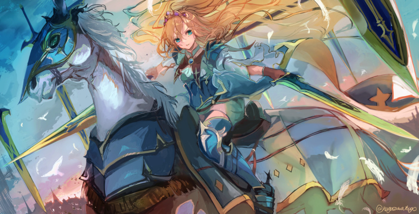 aqua_eyes armor armored_animal blonde_hair dual_wielding falling_feathers feathers female floating floating_object floating_sword floating_weapon gloves greaves hair_between_eyes holding holding_polearm holding_sword holding_weapon horse long_hair long_sleeves multiple_swords multiple_weapons nagasawa_tougo original polearm princess_knight_(nagasawa_tougo) riding solo spear spurs sword tiara twitter_username weapon white_horse