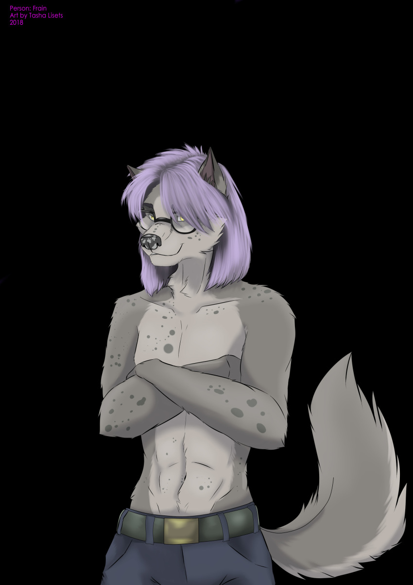 absurd_res anthro canid canine clothed clothing eyewear fluffy fluffy_tail fur glasses grey_body grey_fur hair hi_res male mammal multicolored_body multicolored_fur partially_clothed purple_hair simple_background smile solo tail tashalisets two_tone_body two_tone_fur yellow_eyes