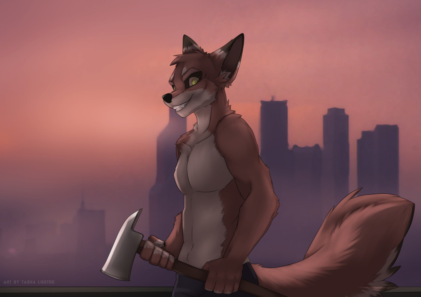 anthro axe brown_body brown_fur canid canine clenched_teeth clothed clothing detailed_background fangs fluffy fluffy_tail fox fur goya_(tashalisets) hi_res holding_object holding_weapon male mammal melee_weapon multicolored_body multicolored_fur open_mouth open_smile partially_clothed smile solo tail tashalisets teeth weapon white_body white_fur yellow_eyes