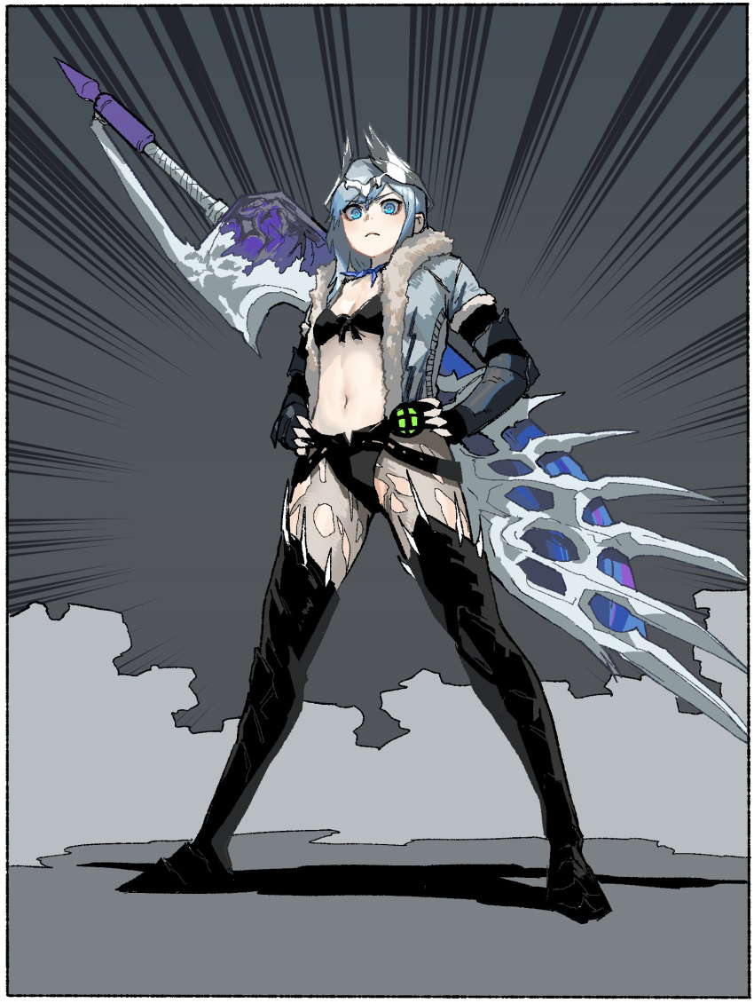 bikini black_bikini black_footwear blue_eyes blue_hair blue_jacket boots breasts character_request check_character claw_(weapon) closed_mouth commentary_request crown emphasis_lines female fur-trimmed_jacket fur_trim gogalking hands_on_own_hips highres huge_weapon jacket korean_commentary looking_at_viewer monster_hunter:_world monster_hunter_(character) monster_hunter_(series) monster_hunter_world:_iceborne navel open_clothes open_jacket small_breasts solo standing swimsuit sword thigh_boots thighhighs weapon weapon_on_back