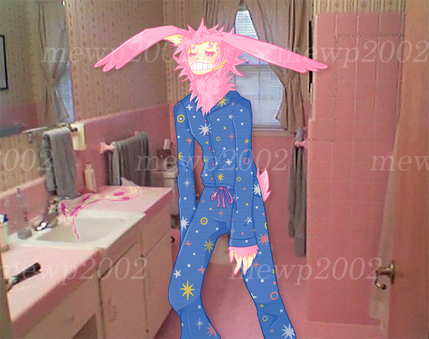 ambiguous_gender angora_rabbit anthro bathroom blush blush_lines cheek_tuft chest_fur chest_tuft chi_(mewp2002) circle_eyebrows closed_eyes clothed clothed_anthro clothing detailed dewlap_(anatomy) digital_media_(artwork) digitigrade domestic_rabbit eye_bags eyebrows eyelashes facial_tuft fur ghost gradient_fur hair hi_res humanoid_hands hunched_over lagomorph leporid long_ears long_fur long_hair mammal markings messy_hair mewp2002 original_character_do_not_steal oryctolagus pajamas permagrin permasmile photo_background photography_(artwork) piercing pink_body pink_eyes pink_fur pink_hair rabbit short_tail slumped solo spirit standing star tail tail_tuft tan_face tan_hands teeth teeth_showing tired tired_eyes tuft tufted_ears tufted_fur watermark whisker_markings whisker_spots whiskers