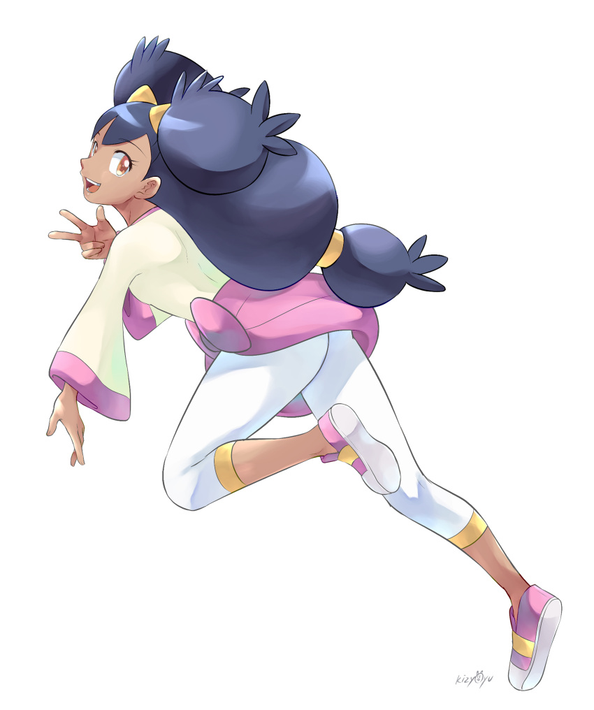 :d dark-skinned_female dark_skin eyelashes female full_body hair_tie hand_up highres iris_(pokemon) kijouyu leggings long_hair long_sleeves looking_at_viewer low-tied_long_hair open_mouth orange_eyes pink_footwear pink_skirt pokemon pokemon_(anime) pokemon_bw_(anime) shirt shoes skirt smile solo teeth tied_skirt tongue two_side_up w white_leggings yellow_shirt