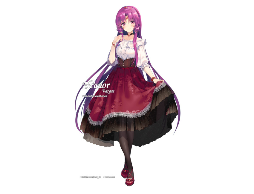 choker corset eleanor_(mvv) long_hair mvv original pantyhose purple_eyes purple_hair shirt skirt tattoo watermark white wristwear