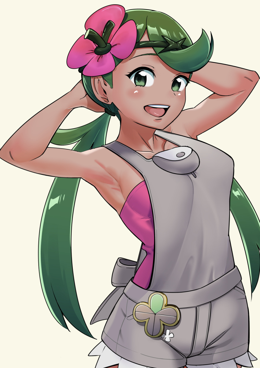 :d armpits arms_behind_head bare_arms blush breasts collarbone commentary_request cowboy_shot dark-skinned_female dark_skin eyelashes female flower green_eyes green_hair green_headband grey_overalls headband highres long_hair makino_harumaki mallow_(pokemon) open_mouth overall_shorts overalls pink_flower pink_shirt pokemon pokemon_sm shirt sleeveless smile solo swept_bangs teeth tongue twintails upper_teeth_only