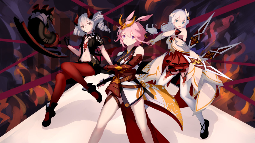 .l.l 3girls animal_ears bare_shoulders black_jacket blue_eyes bronya_zaychik bronya_zaychik_(yamabuki_armor) demon_tail drill_hair floating fox_ears full_body grey_eyes grey_hair hair_between_eyes hair_ornament highres holding holding_sword holding_weapon honkai_(series) honkai_impact_3rd jacket katana leggings legs multiple_girls navel pantyhose pink_hair ponytail pose purple_eyes red_legwear sheath sheathed sword tail theresa_apocalypse theresa_apocalypse_(celestial_hymn) thighhighs twin_drills weapon white_hair white_legwear yae_sakura yae_sakura_(flame_sakitama)