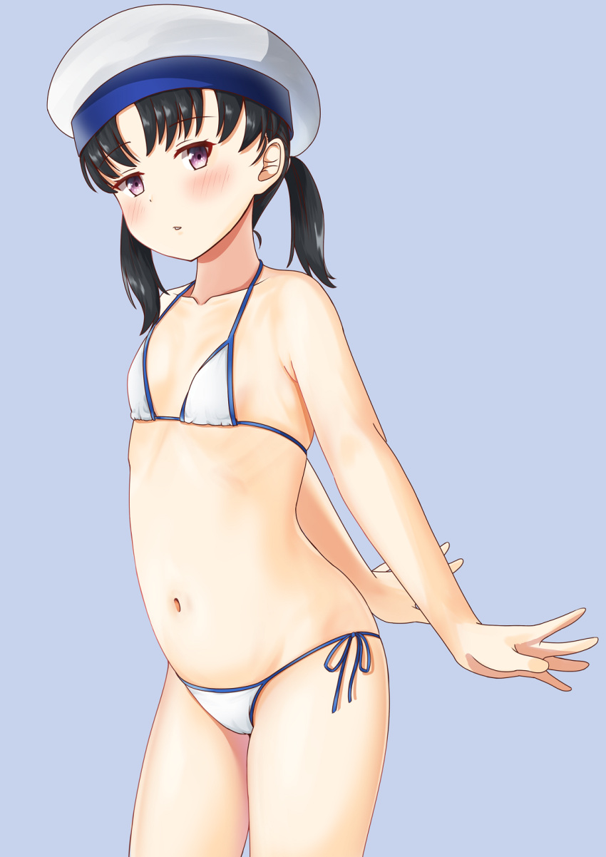 bare_arms bare_legs bare_shoulders bikini black_hair blue_background blush collarbone cowboy_shot female hat highres kantai_collection medium_hair navel parted_lips purple_eyes sailor_hat shounan_(kancolle) simple_background solo swimsuit twintails white_bikini white_hat zuki