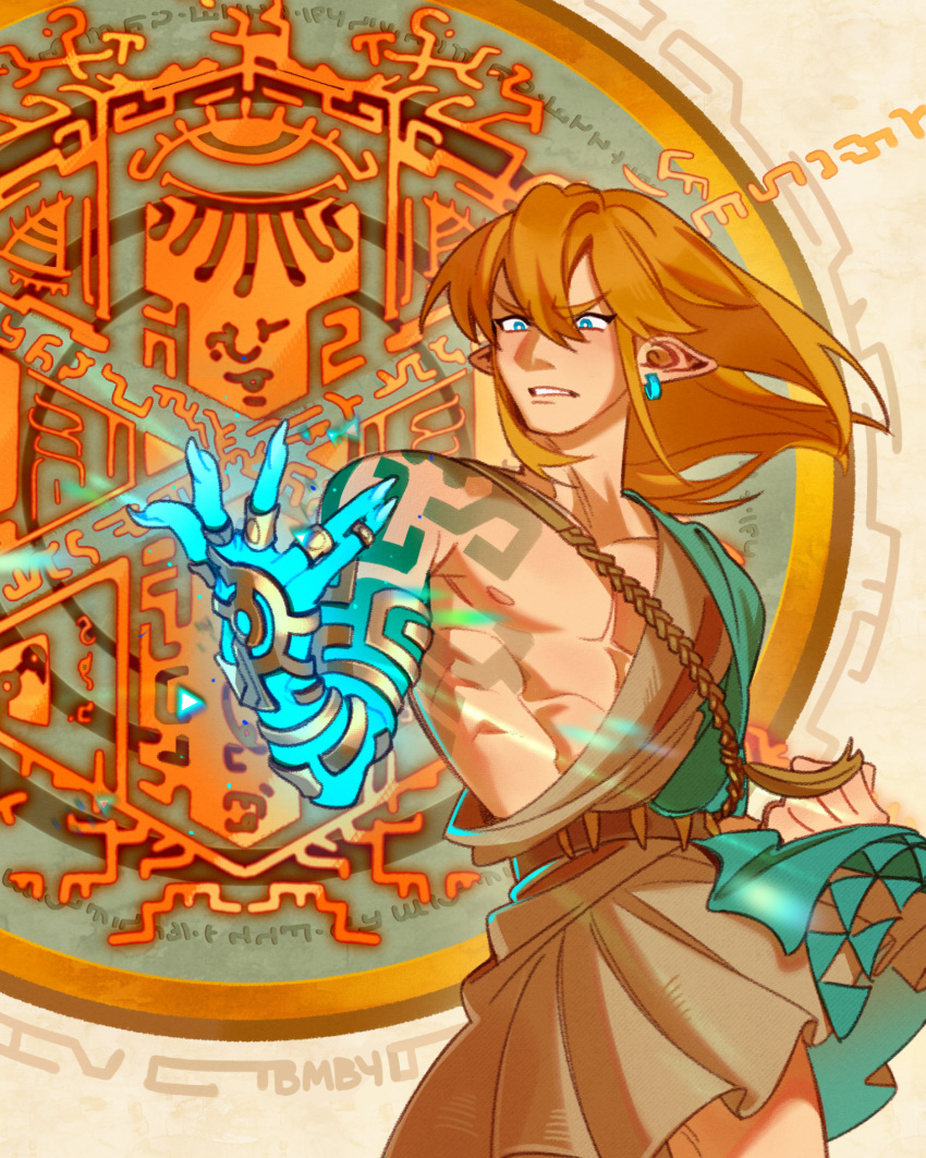 abstract_background blonde_hair clothing confusion cross cybernetic_limb ear_piercing eustasss glowing hair hi_res humanoid humanoid_pointy_ears hylian link nintendo not_furry occult_symbol piercing rauru's_arm sigil signature symbol tears_of_the_kingdom the_legend_of_zelda toga zonai_clothing